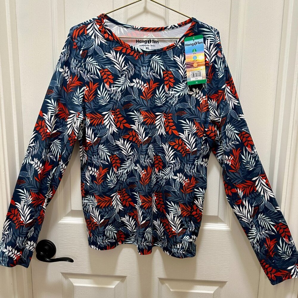 Hang Ten Women's Sun Tee Top Size XL Blue Leaf Pattern Long Sleeves UPF 50+ NEW